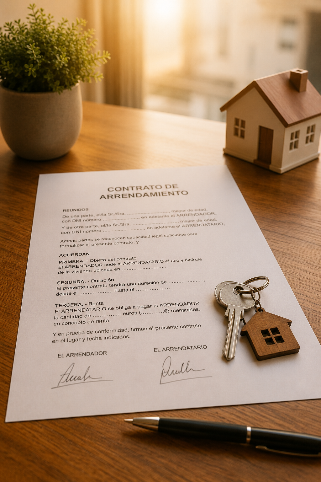Contrato de arrendamiento firmado sobre la mesa junto a las llaves de la vivienda