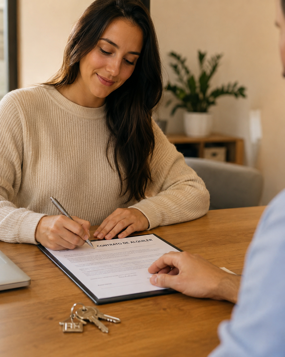 Arrendataria firmando con calma el contrato de alquiler, con las llaves sobre la mesa