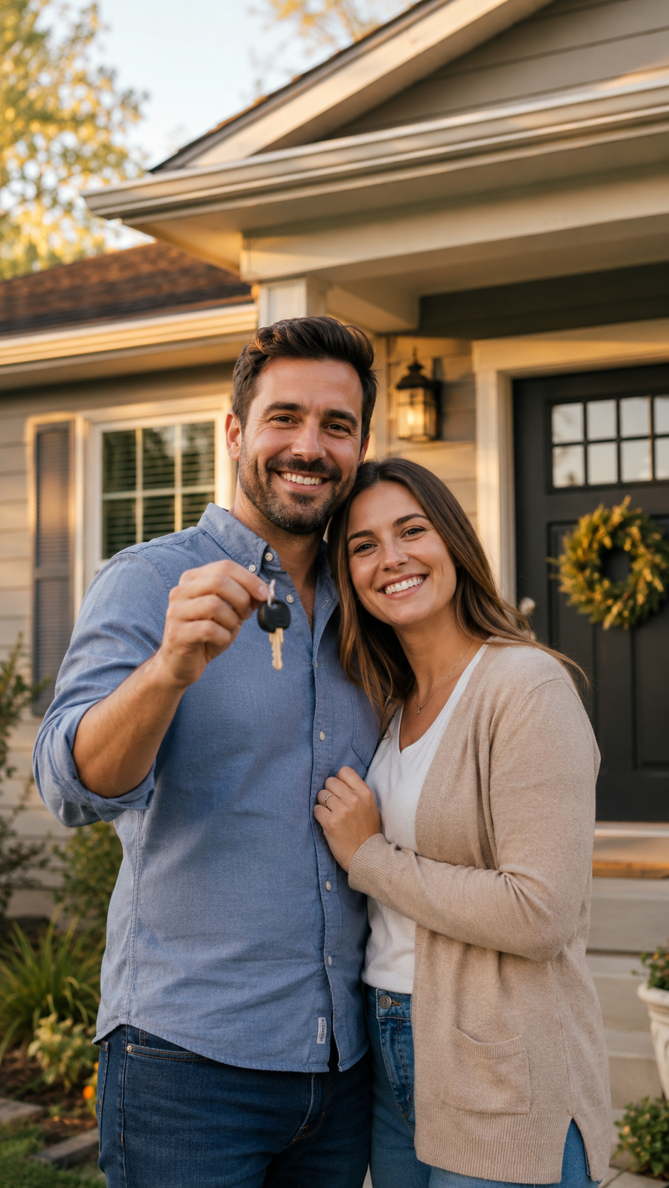 Pareja feliz frente a su casa recién comprada, mostrando las llaves