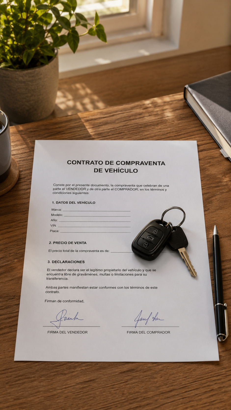Contrato de compraventa de vehículo firmado junto a las llaves sobre la mesa