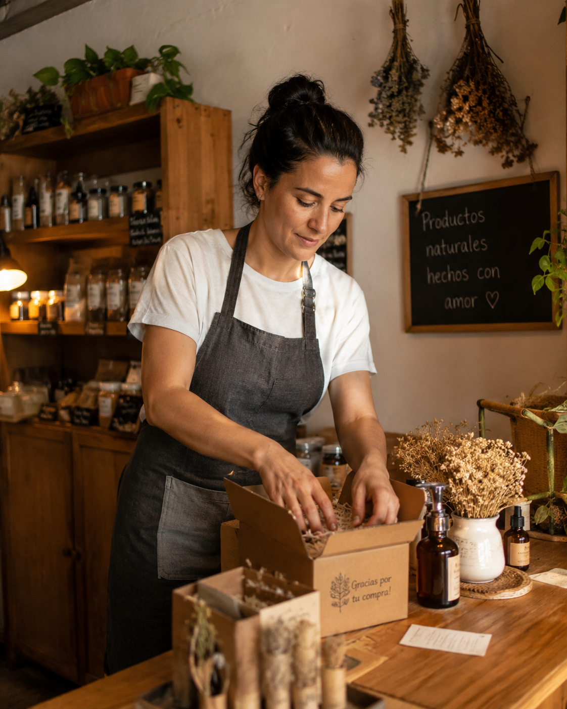Emprendedora preparando pedidos en su negocio de productos naturales