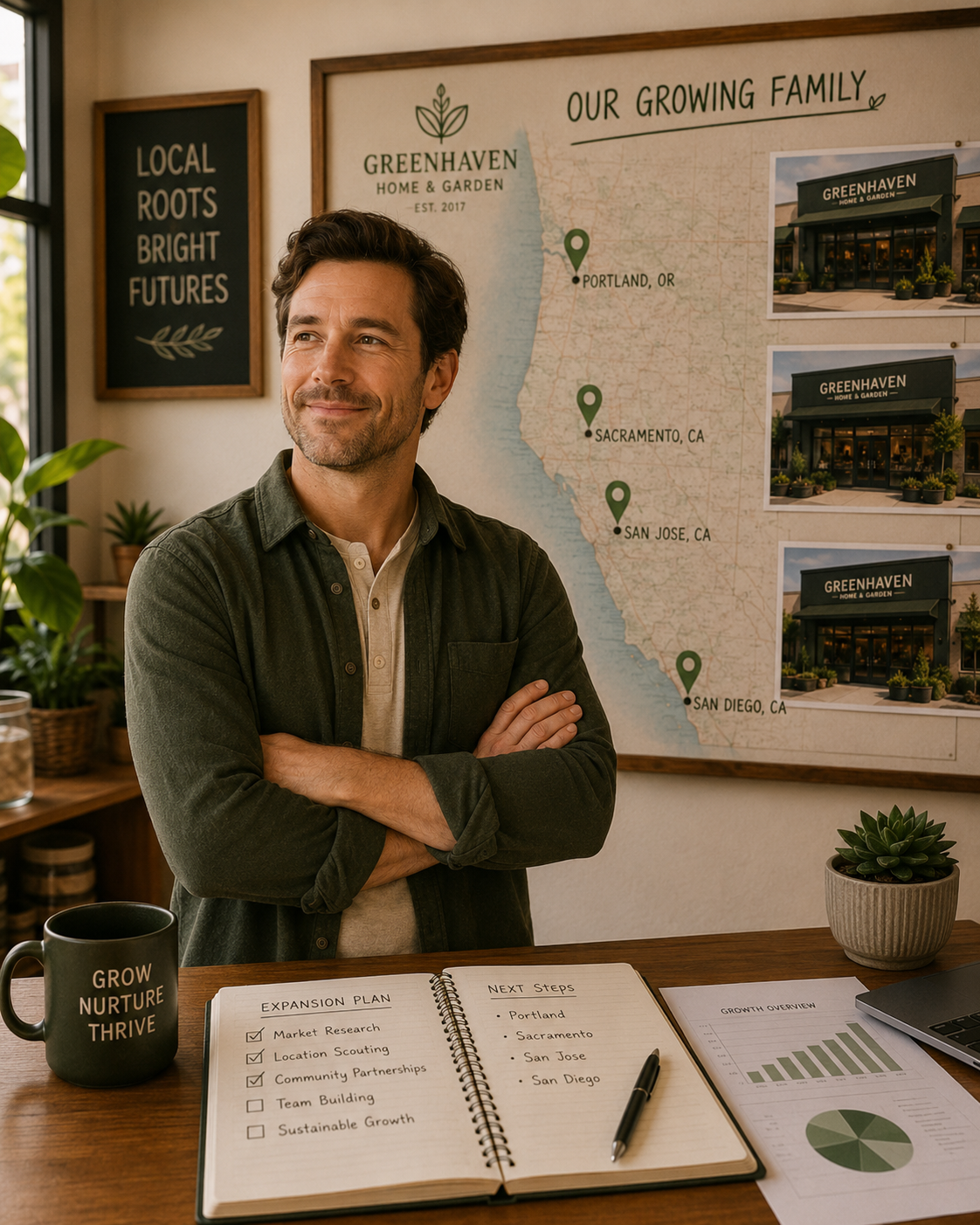 Empresario frente a un mapa y plan de expansión de su negocio, con visión y control