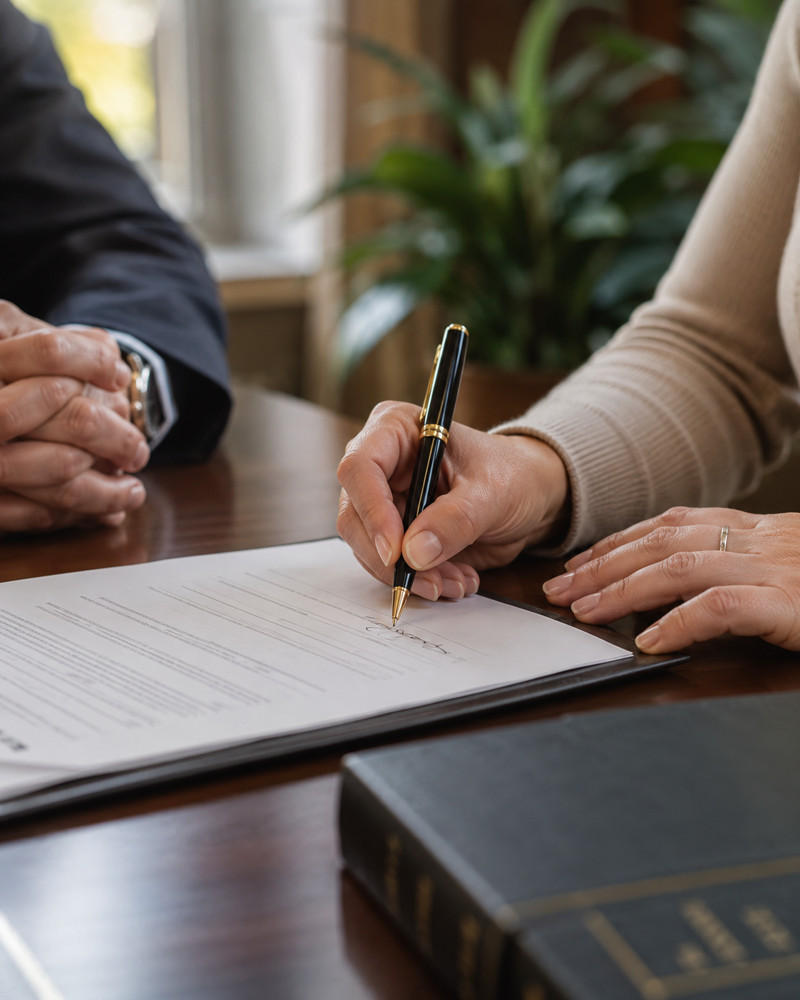 Firma del acta de conciliación sobre la mesa, con calma