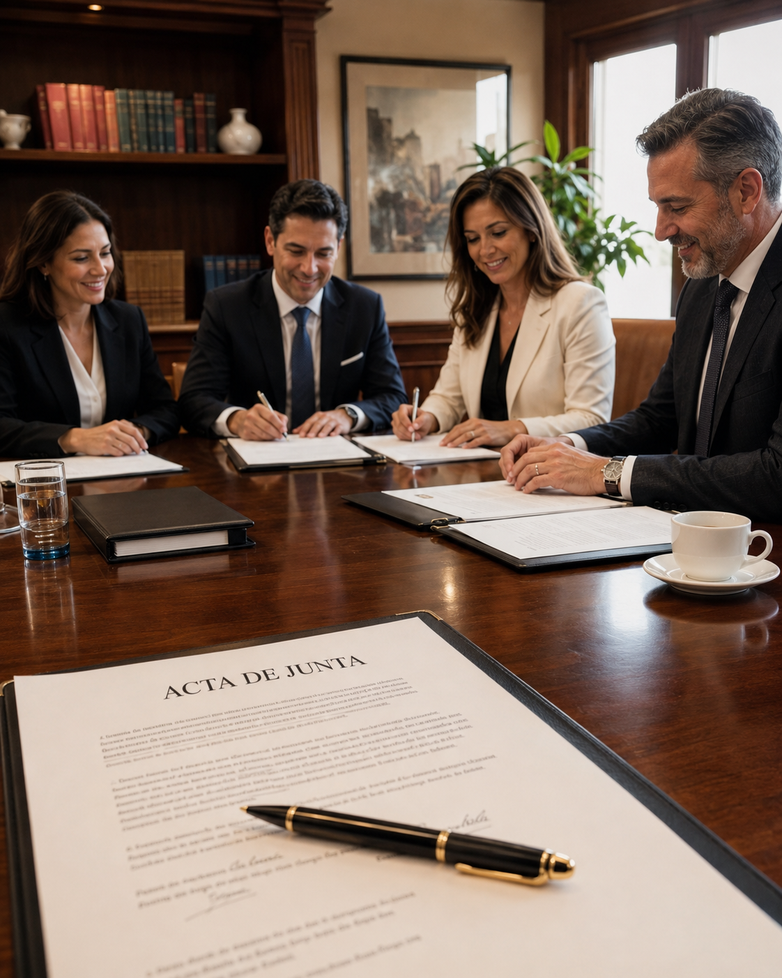 Directiva firmando el acta de junta sobre la mesa, con orden y profesionalismo