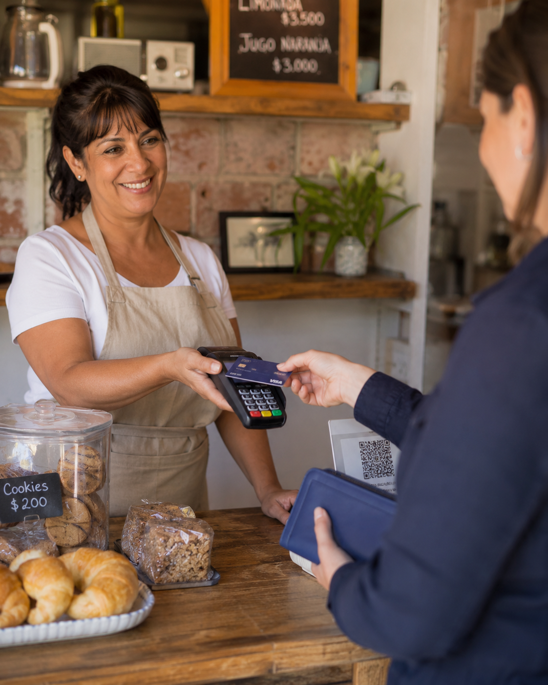 Comerciante cobrando con datáfono a una clienta en su café, transacción ágil