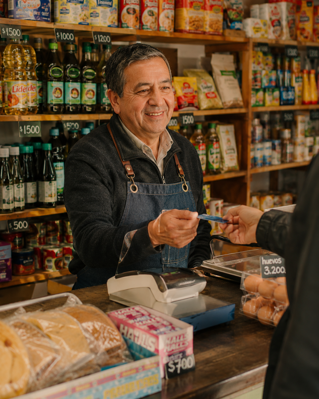 Tendero sonriente recibiendo un pago de su cliente en el mostrador de su tienda de barrio
