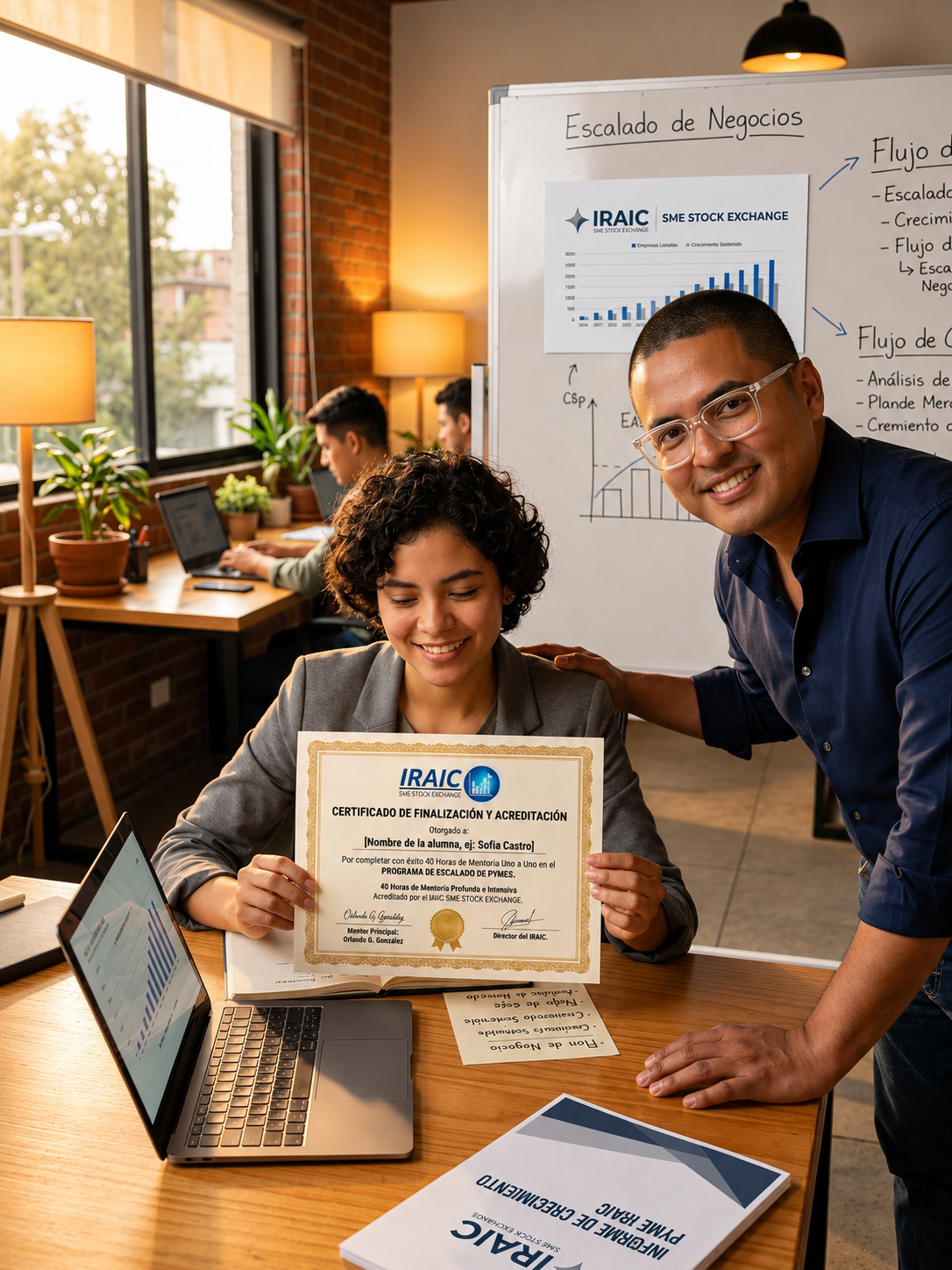 Alumna mostrando con orgullo su certificado de finalización y acreditación del programa IRAIC