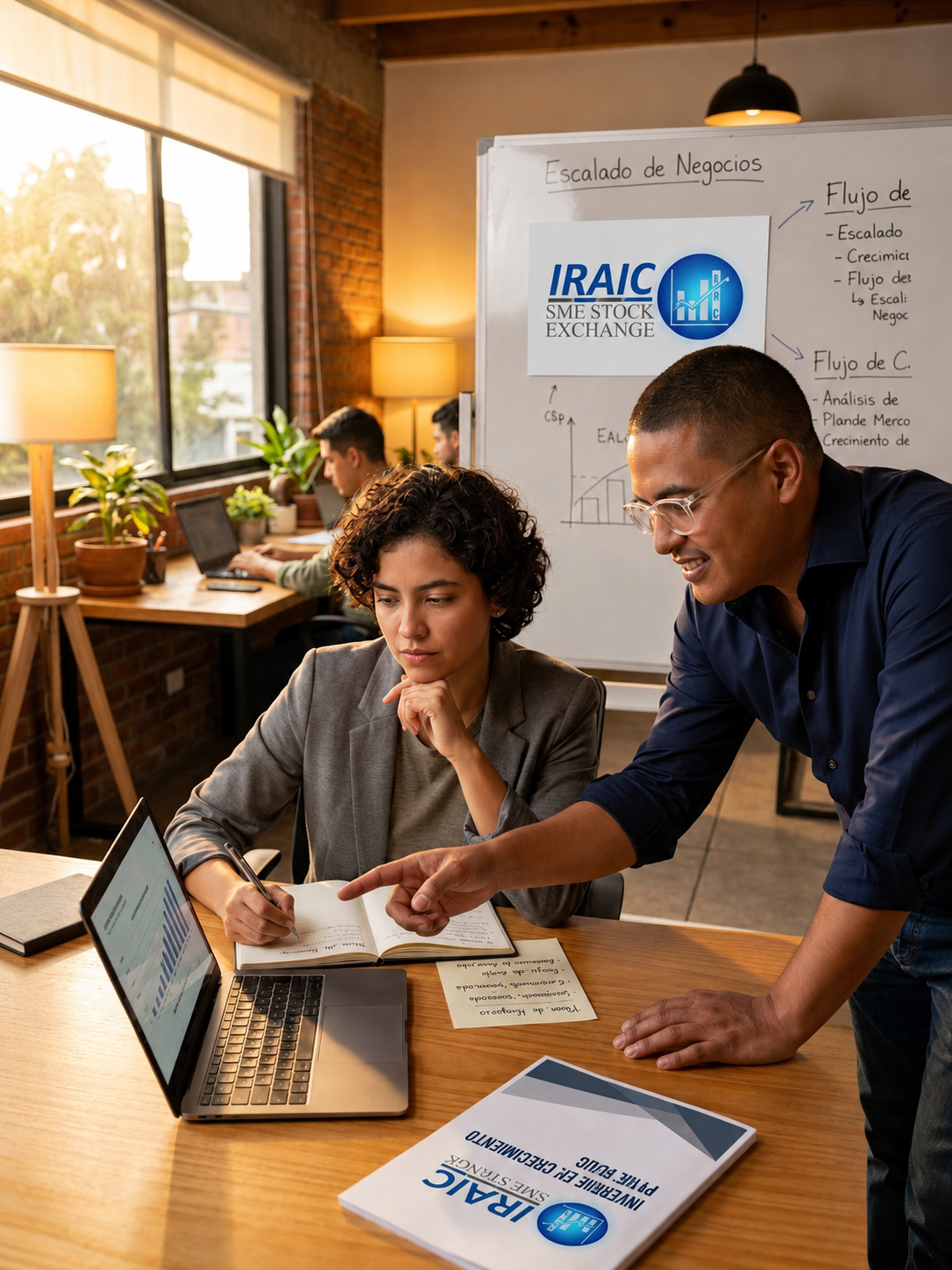 Mentor acompañando paso a paso a una emprendedora frente al tablero de escalado de negocios IRAIC