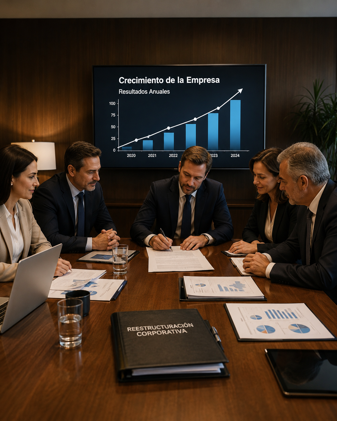 Directiva firmando la reestructuración corporativa frente a la gráfica de crecimiento de la empresa