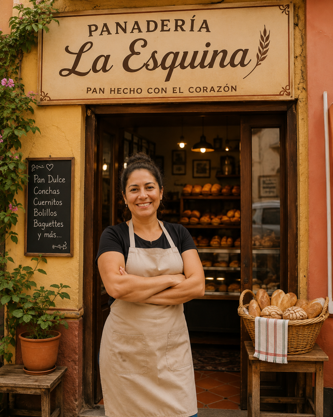 Dueña orgullosa frente a su negocio con la marca visible en el letrero