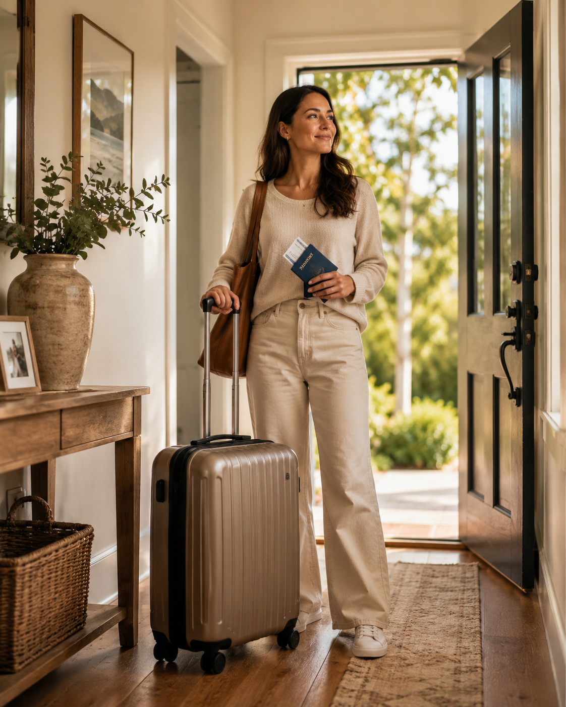Persona con su maleta y pasaporte en la puerta de casa, lista para viajar con tranquilidad