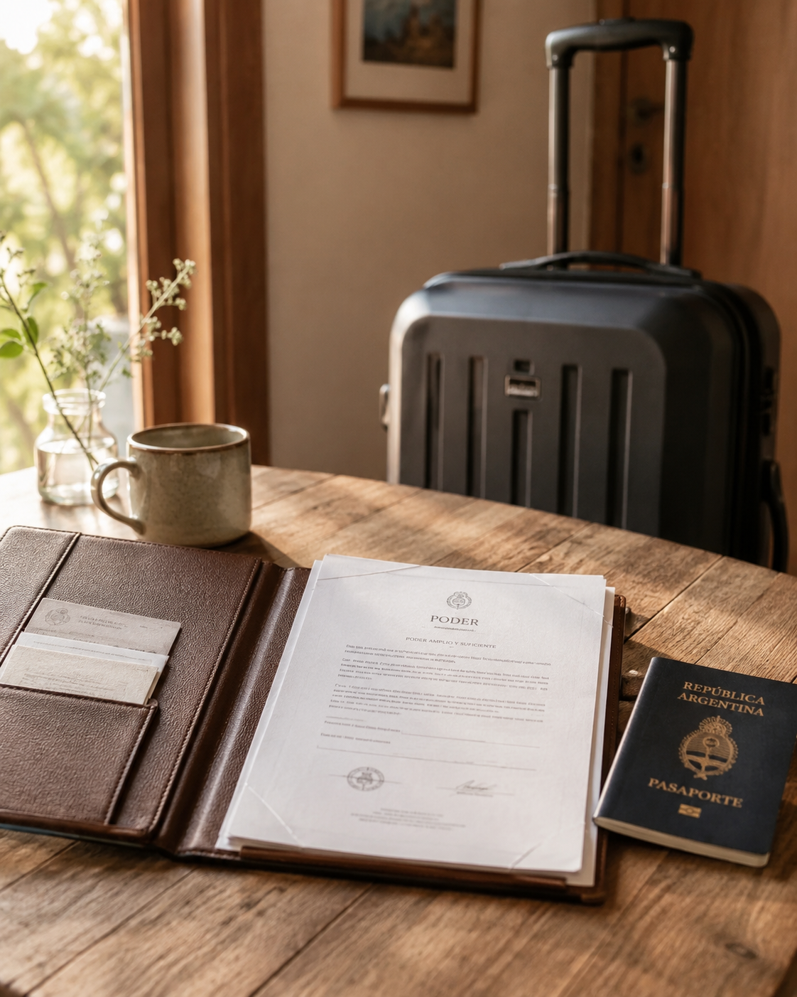 Poder y pasaporte ordenados sobre la mesa junto a la maleta, asuntos en regla antes de partir