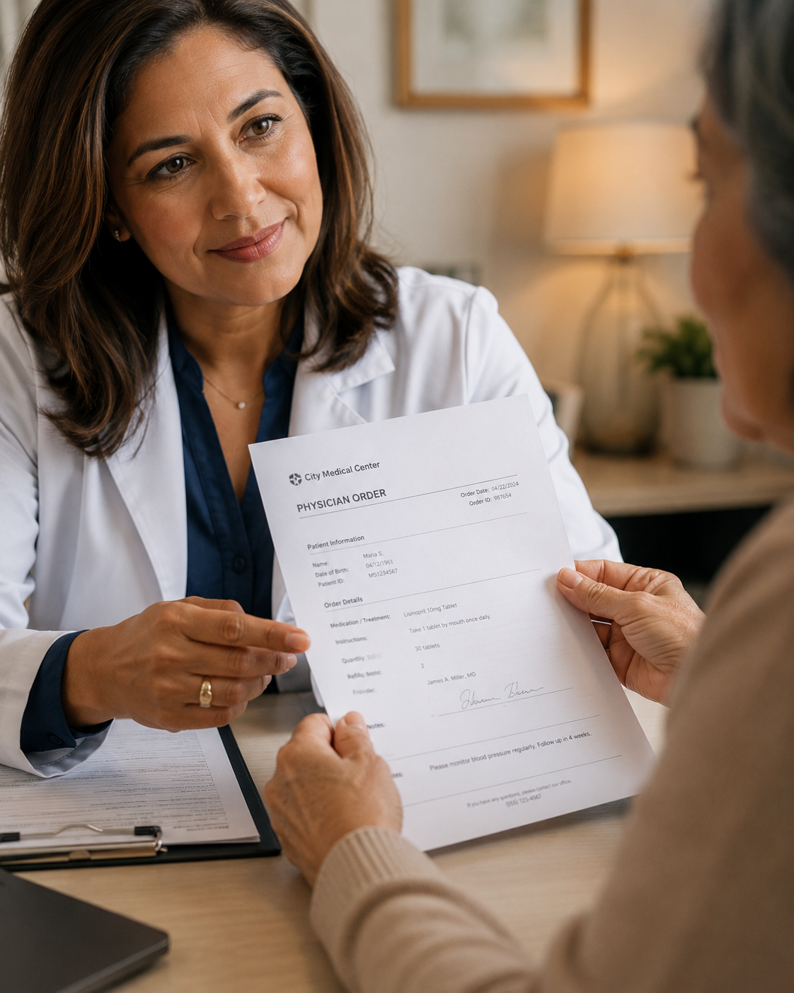 Profesional de salud entregando una orden médica a una paciente